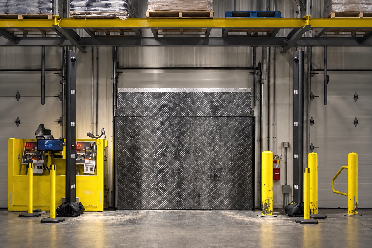 Retouched photograph of the new LuminX installation: two narrow sensor columns flanking a dock door