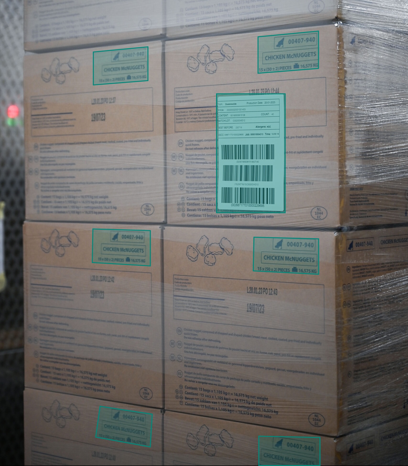 LuminX identifies product labels and barcodes on a shrink-wrapped pallet